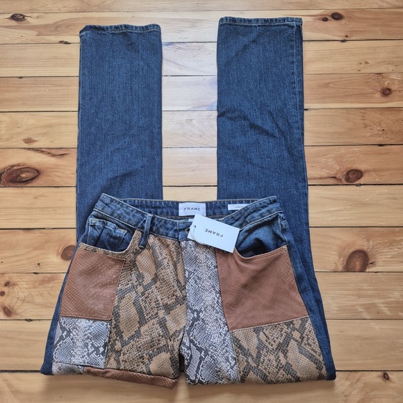 Frame Denim Denim - Frame Denim Blue Jeans with Leather and Snake Print Accents